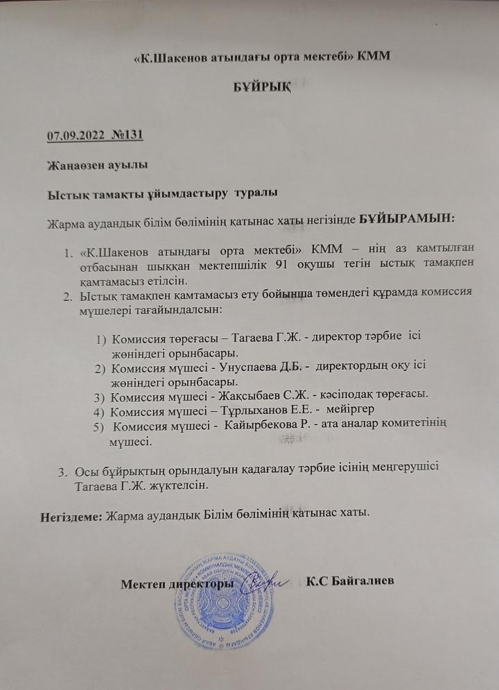 Ыстық тамақты ұйымдастыру туралы бұйрық